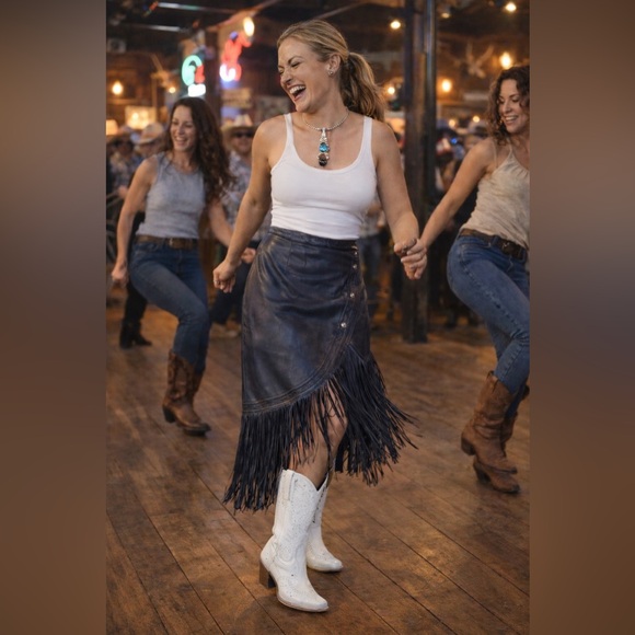 Continental Dresses & Skirts - Continental baby soft lamb skin leather fringe skirt Indigo blue. NWOT cowgirl